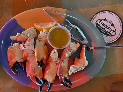 Stone crab season in Florida runs from mid-October through mid-May. Fishermen harvest large claws—shown here at a Frenchy's Rockaway Grill—without injuring the crab, which will return to the ocean and regenerate the claw. If you get the chance, try this delicacy. It has a sweet flavor similar to lobster and is served chilled like shrimp cocktail, steamed with drawn butter, as the protein in tacos, and many other ways. Photo by MeLinda Schnyder.