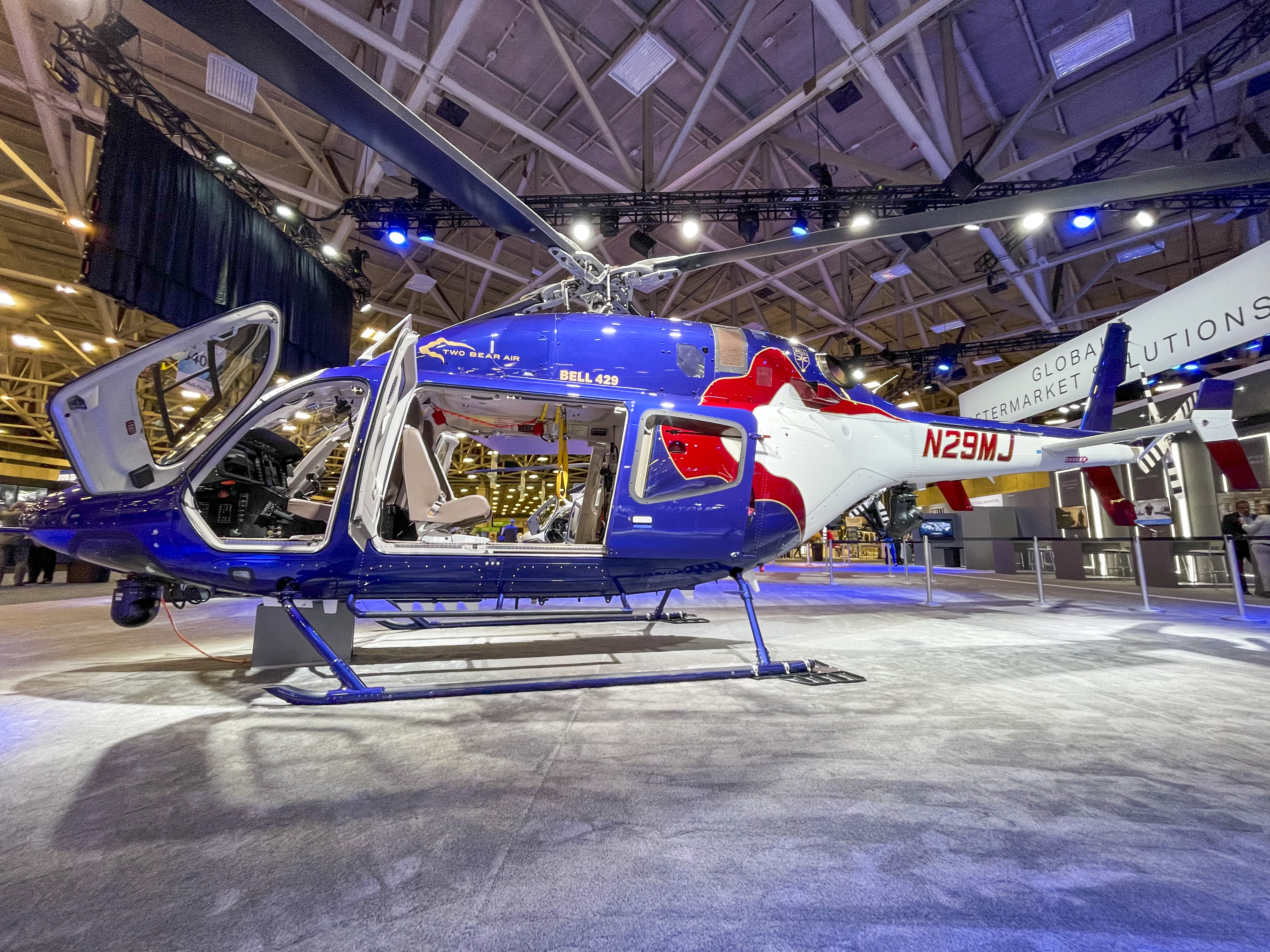 Two Bear Air's Bell 429 rescue helicopter sits with doors open at Helicopter Association International’s Heli-Expo. Photo by Cayla McLeod.