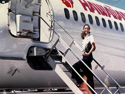 Kiki Culler poses with Hawaiian Airlines DC-9 in 1987. Photo courtesy of Kiki Culler.