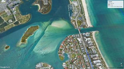 A closer Google Earth view of the final position recorded by FlightAware as the Cessna Skyhawk prepared to land on the Haulover Inlet Bridge in Miami Beach. (FlightAware data overlay is approximate.) Click to view larger Google Earth image.