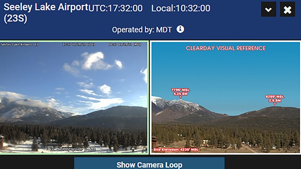 The FAA Weather Camera Program shows current conditions (within the last 10 minutes) and an annotated clear day image for comparison. It also saves the last six hours of data to allow pilots to view weather trends. Image courtesy of the FAA.