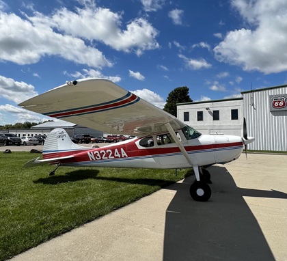 The AOPA Sweepstakes Cessna 170 parked on the ramp at Warren County Airport in Ohio. A puddle of oil can be seen on the ground beneath the engine cowl. Photo by Erick Webb.