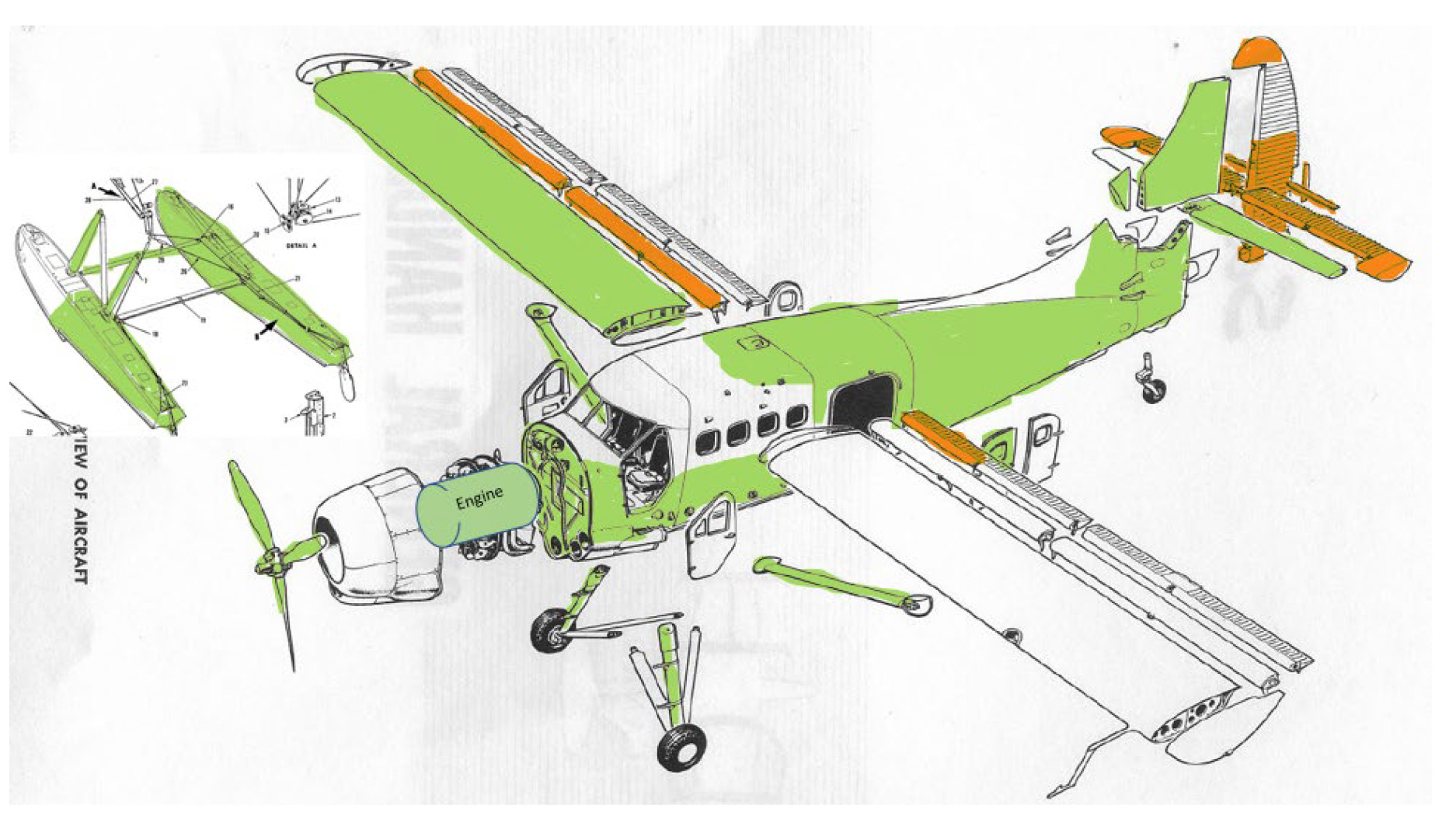 Portions of the accident aircraft wreckage that have been recovered are highlighted in green, and the recovered portions of the flight controls are highlighted in orange. NTSB image.