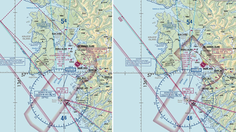 The Juneau Sectional chart on the left depicted Class E airspace extending about 25 nautical miles northwest of Sitka, Alaska, prior to September 8. The updated chart on the right shows the greatly reduced Class E surface area. (Images courtesy of Skyvector.)