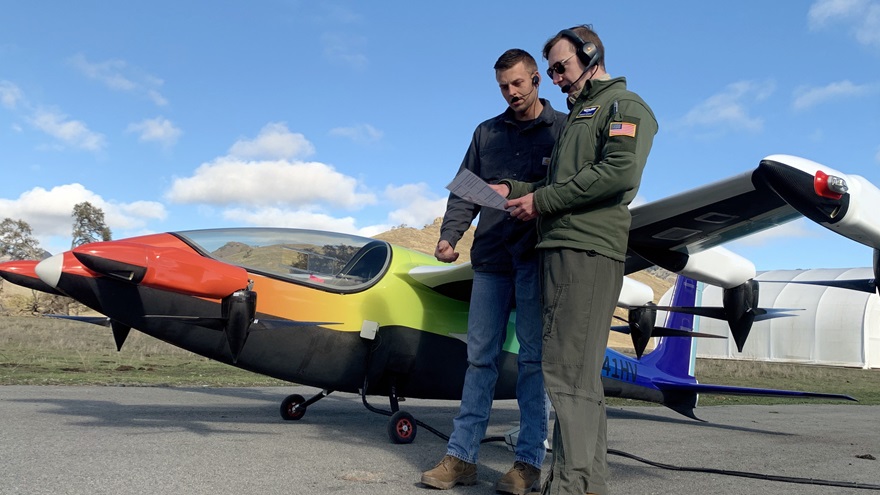 Parker Downey, of Kittyhawk, and Terrence McKenna, a U.S. Air Force Reserve pilot with the 370th Flight Test Squadron and the test and experimentation lead for the Air Force Agility Prime program, conduct preflight checks of a Heaviside aircraft in anticipation of its first flight by an Air Force pilot at the Kittyhawk Corp. facility in Palo Alto, California. The Agility Prime program took another step forward in December with the first government remotely piloted flight of an eVTOL aircraft. Nine months later, the fate of Kittyhawk's Heaviside eVTOL prototype was unclear after Larry Page announced in late September that the company was shutting down. Courtesy photo via U.S. Air Force.
