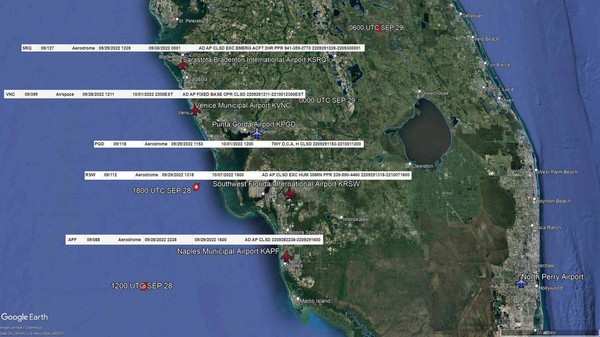 Many of the public airports closest to where Hurricane Ian made landfall on September 28 remained closed on September 29. This Google Earth image includes overlays of the storm's positions from the National Weather Service, and FAA notam information for various affected airports.