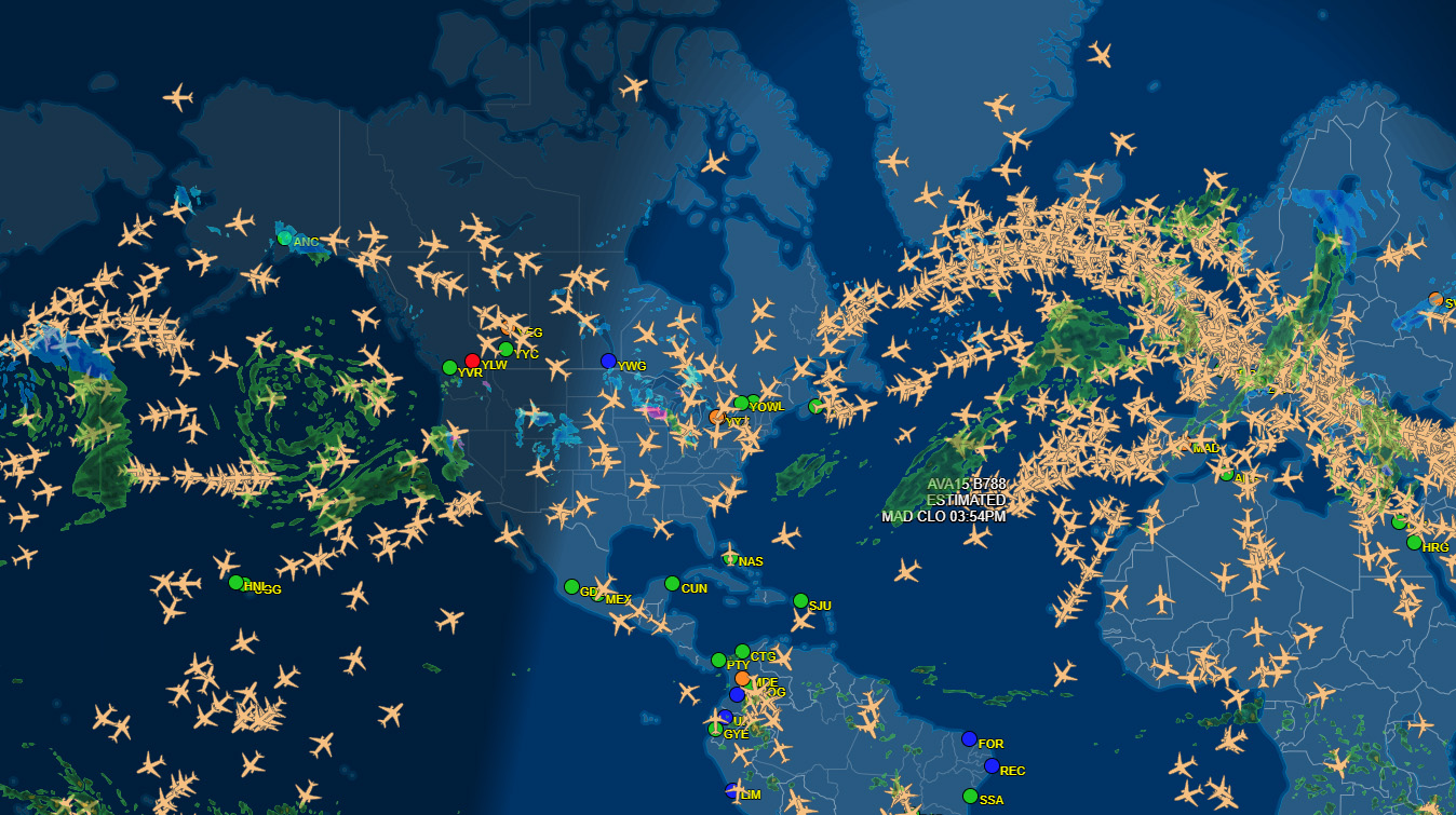 The effect of the notam outage on air traffic was visible on FlightAware as the sun rose across the United States on January 11, with an unusually low volume of domestic departures and many international flights inbound. Image courtesy of FlightAware.