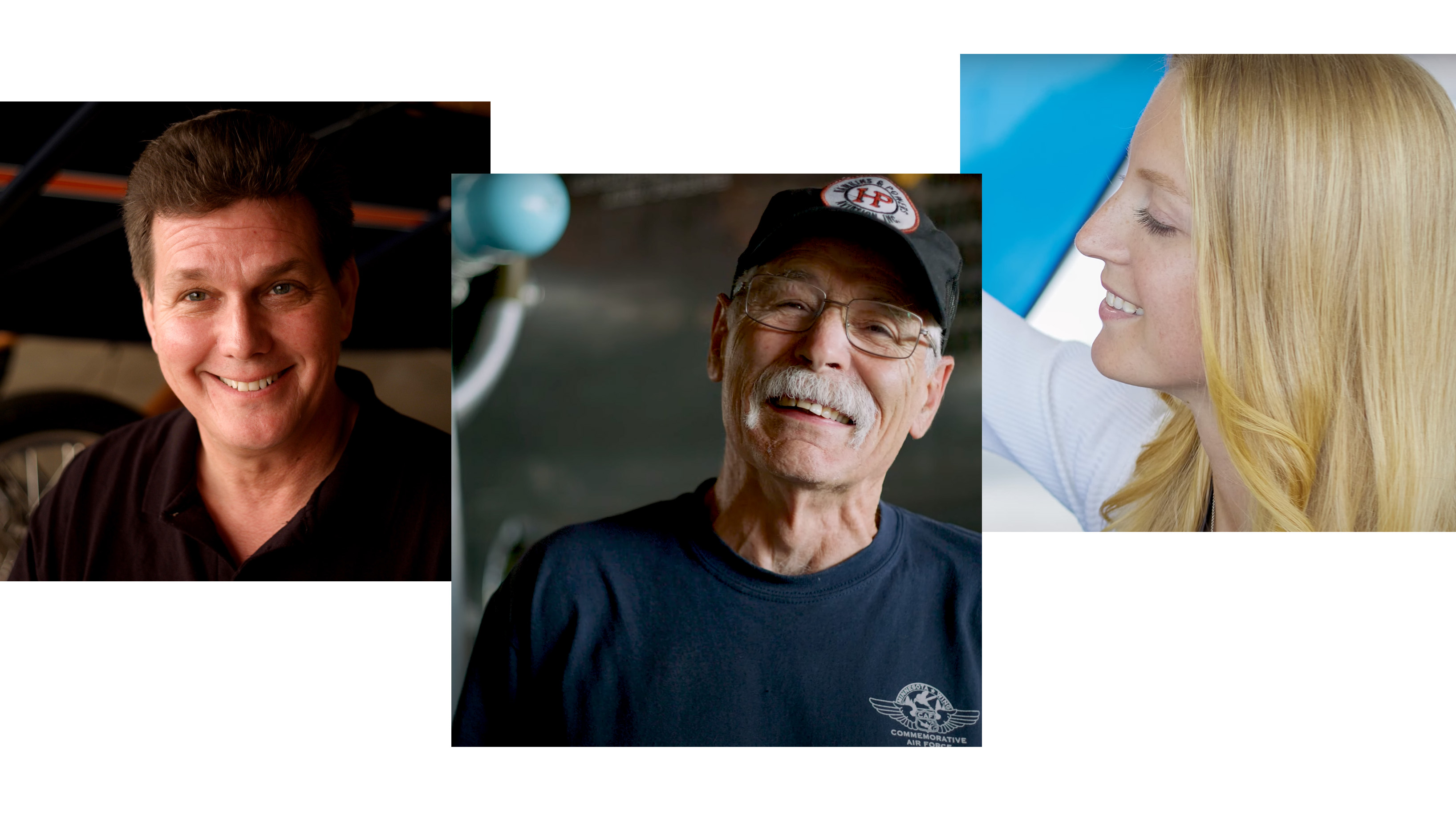 A new series by an award-winning team of filmmakers gives people a chance to speak about what drives their aviation passion. Among those interviewed so far, (from left) NASA technician and Pietenpol Air Camper builder and pilot Mike Cuy, Commemorative Air Force pilot and mechanic Larry Utter, and Cirrus Aircraft delivery pilot Jenna Achtzehn. Images courtesy of Hemlock Films.