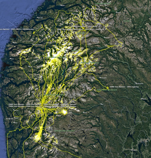 GPS tracks of the author's busy season of flying, generated by SkyDemon for display on this Google Earth image.