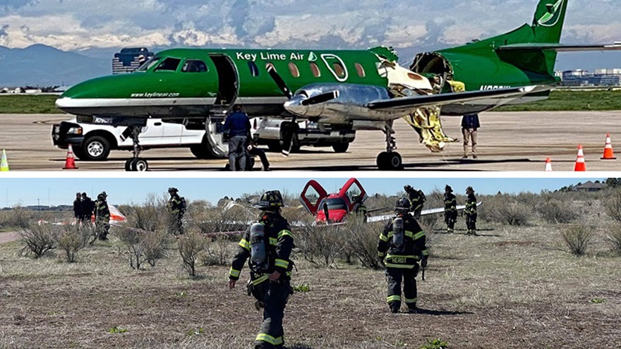 Everyone walked away from a May 12, 2021, midair collision involving two aircraft approaching parallel runways at Centennial Airport in Denver. The collision caused substantial damage to a Fairchild Swearingen Metroliner, which landed safely, and a Cirrus SR22, which landed safely under the canopy of its ballistic airframe parachute. Photos courtesy of Bruce Graham (top) and South Metro Fire Rescue.