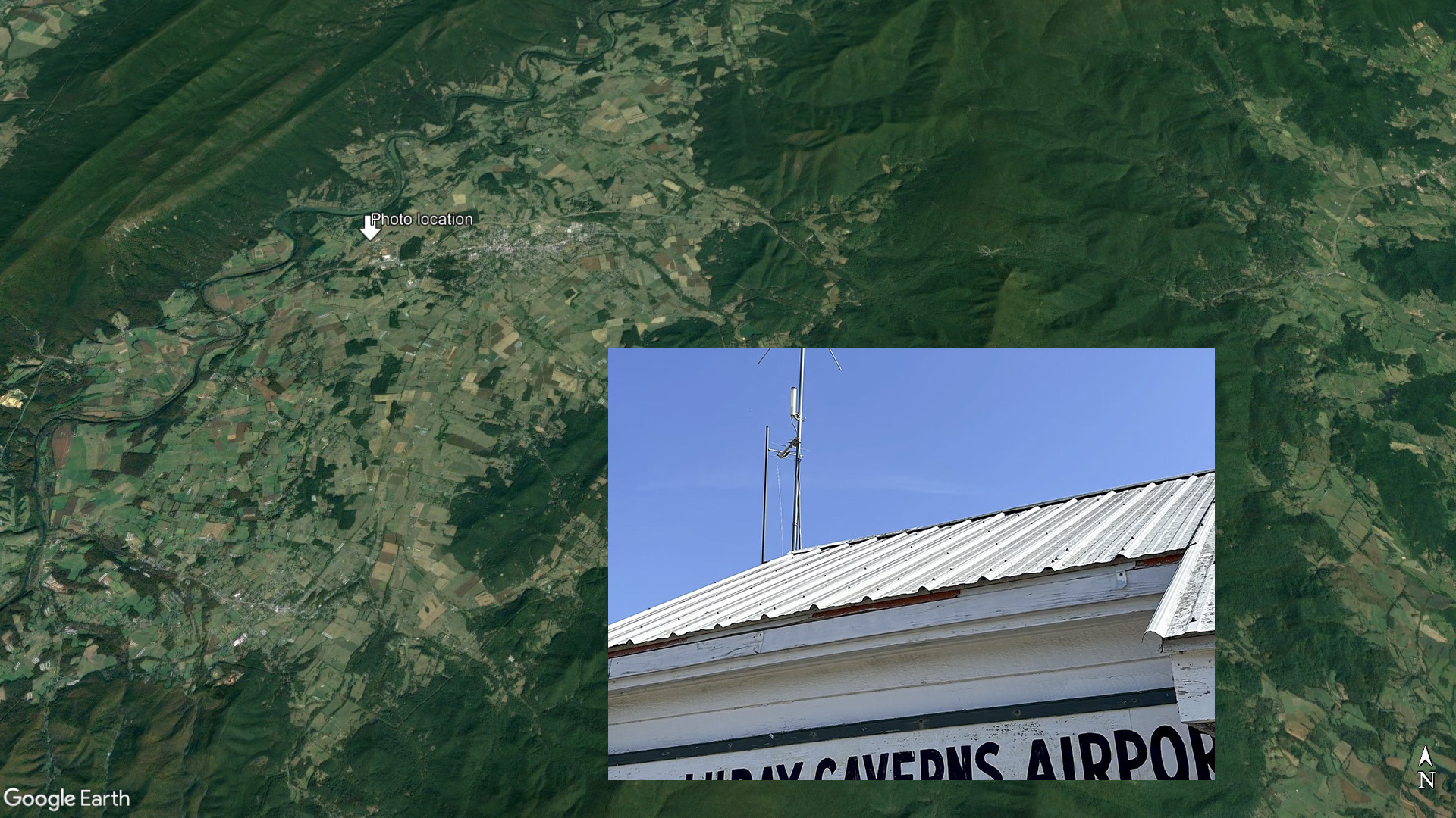 A Google Earth view marked to indicate where the inset photo of the uAvionix receiver installed by Civil Air Patrol volunteers was taken, at Luray Caverns Airport in Luray, Virginia. Google Earth image, inset image courtesy of uAvionix. A Google Earth view marked to indicate where the inset photo of the uAvionix receiver installed by Civil Air Patrol volunteers was taken, at Luray Caverns Airport in Luray, Virginia. Google Earth image, inset image courtesy of uAvionix.