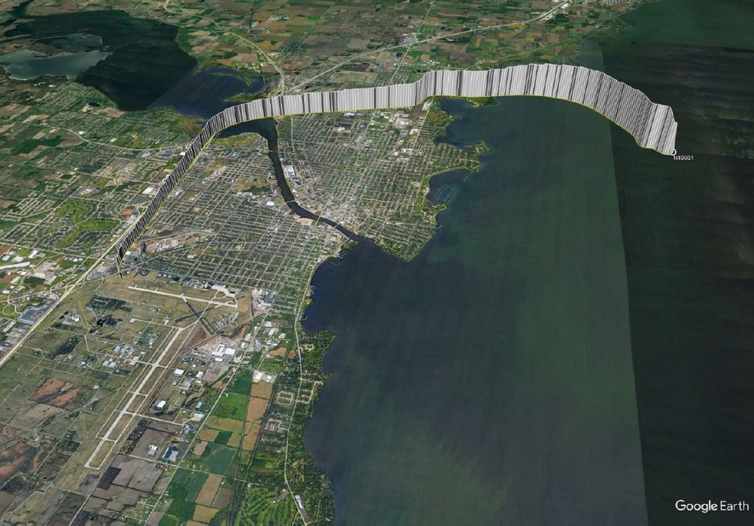 The complete ADS-B track of the warbird that crashed July 29 in Lake Winnebago. NTSB image.