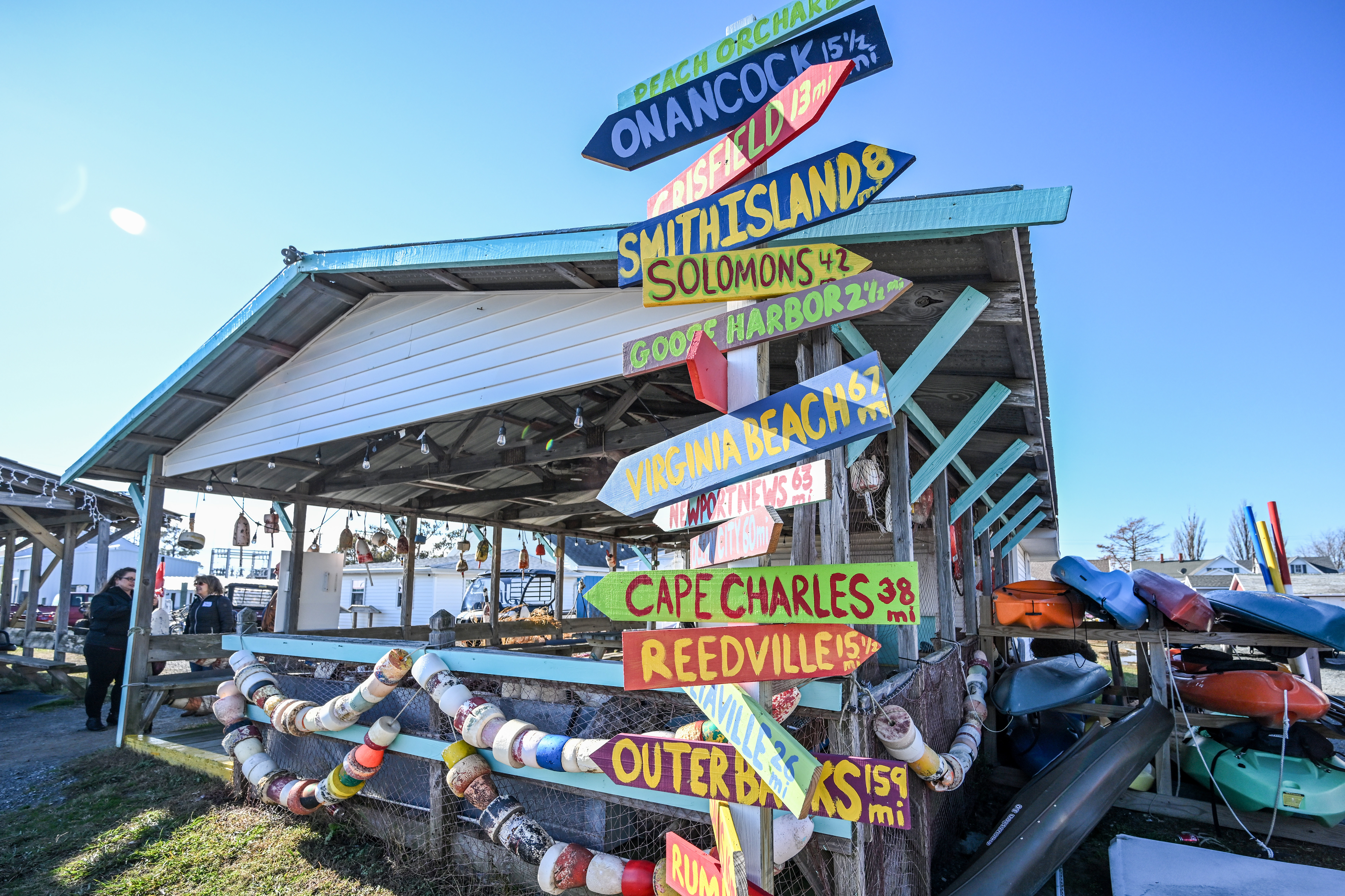 Signs on Tangier Island point the way to other coastal cities. Photo by David Tulis.