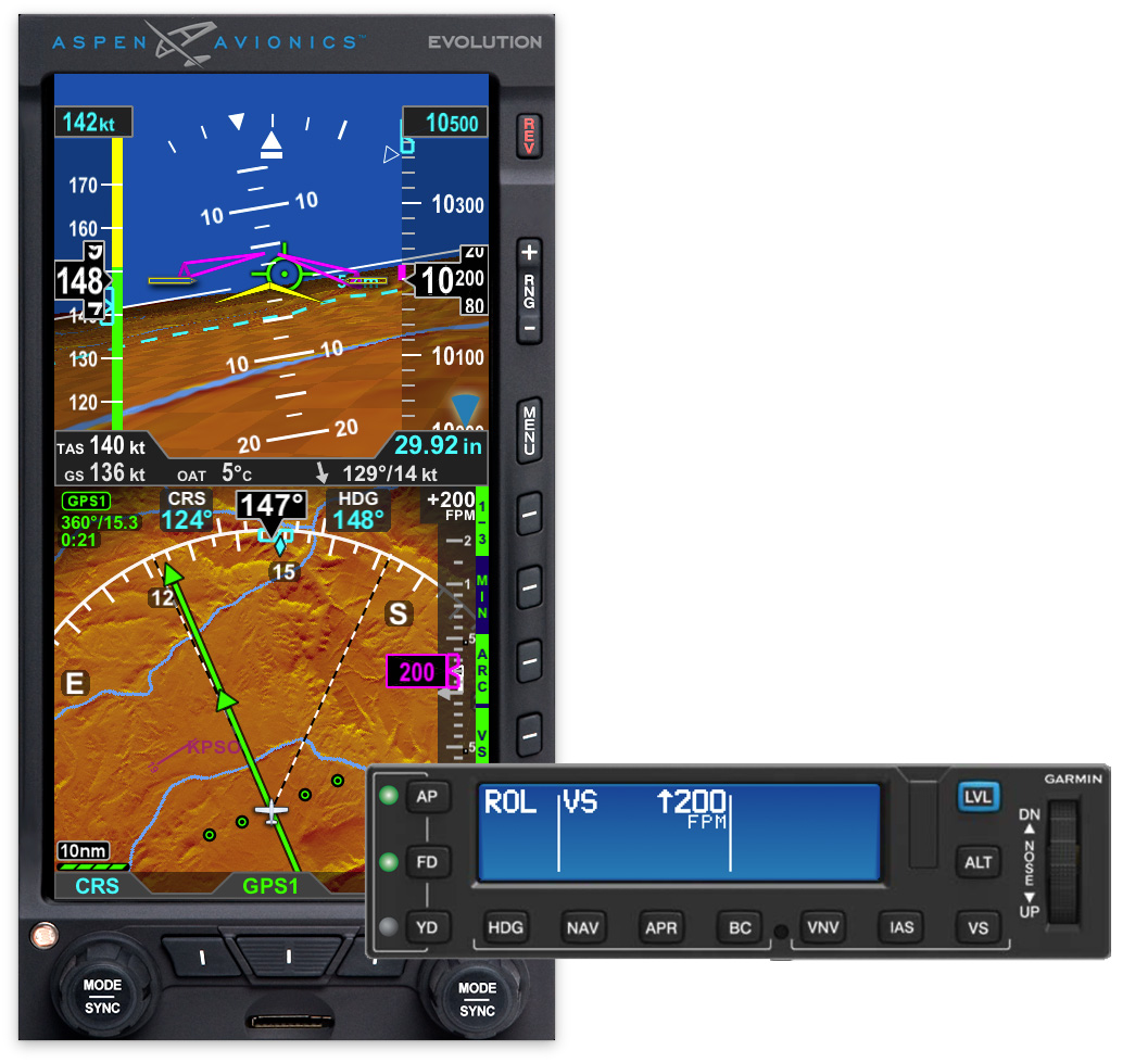 A software update enables Garmin GFC 600 digital autopilot integration with the Aspen EFD100 Pro MAX primary flight display. Image courtesy of Aspen Avionics.
