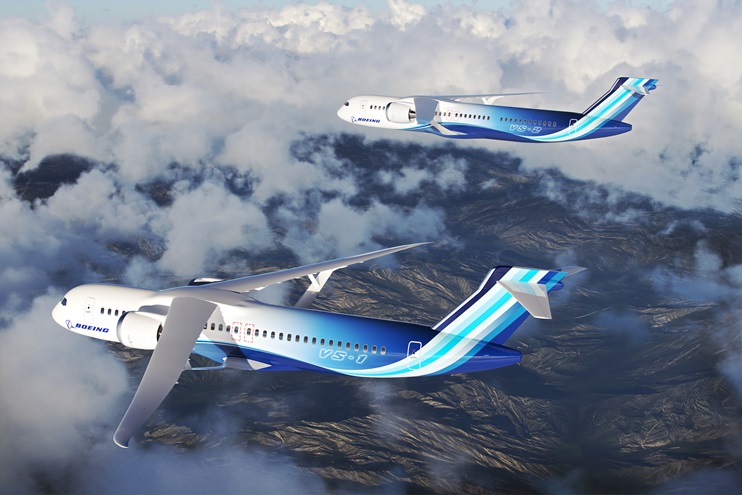 Artist concept of commercial aircraft families with a Transonic Truss-Braced Wing configuration from the Sustainable Flight Demonstrator project. Image courtesy of Boeing.