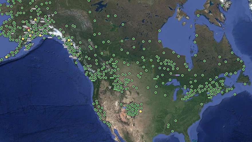 Pioneered in Alaska, FAA weather camera stations now serve pilots in many locations (shown here as green dots) with a real-time view of current conditions, weather reports, and recent imagery that shows trends. FAA image.