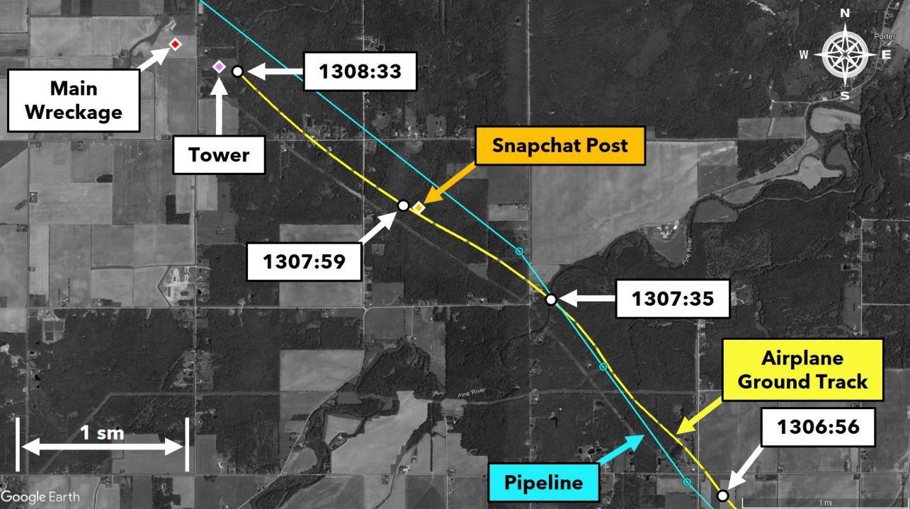 NTSB investigators used radar and GPS data, along with a Snapchat screenshot provided by a friend of the pilot, to map the accident sequence. NTSB image. 