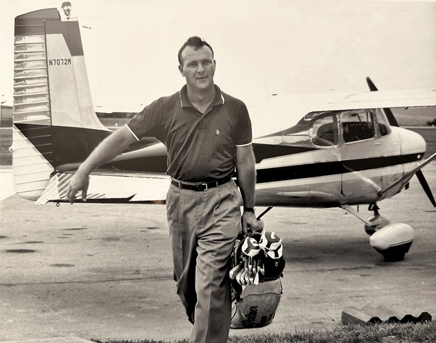 Golfing great and record-setting pilot Arnold Palmer carries his golf clubs as he exits a 1958 Cessna 175 Skylark that he leased early in his career. Photo courtesy of David Arenson/Only Classics.