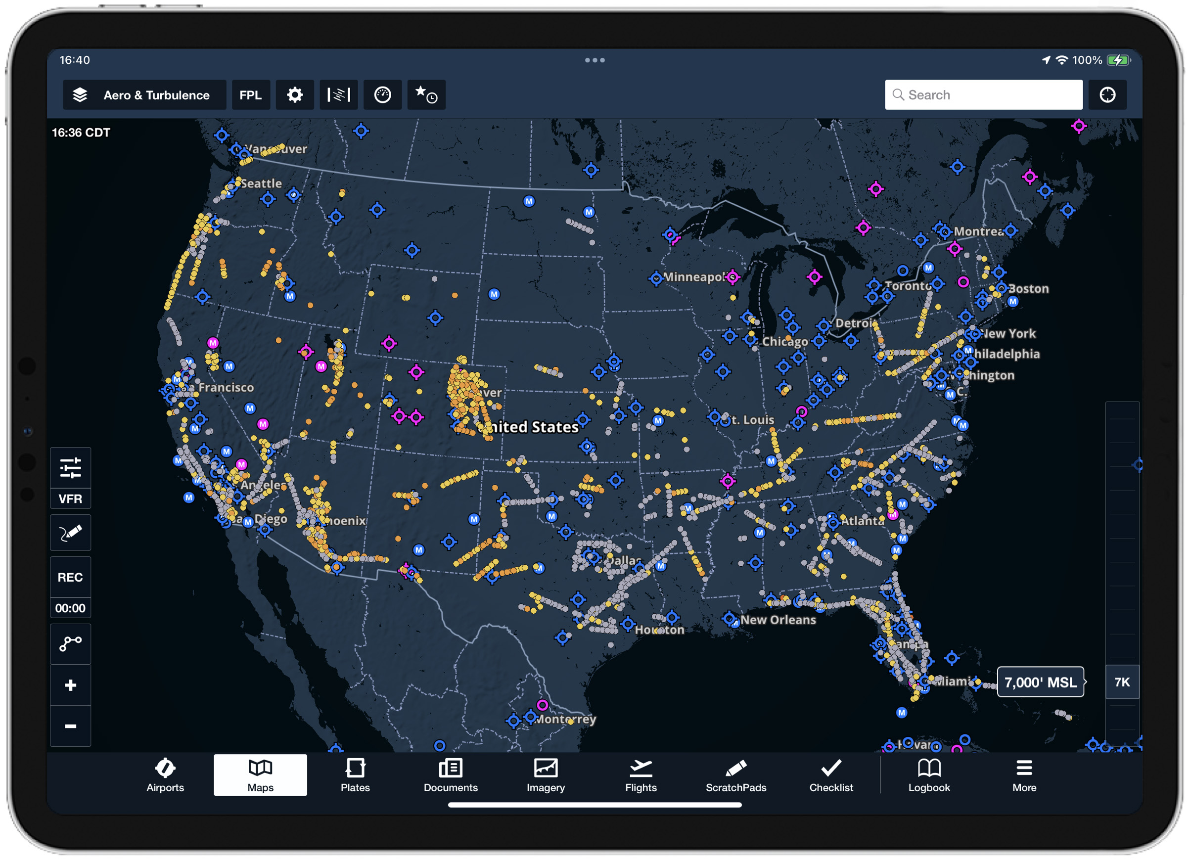 ForeFlight's new Reported Turbulence feature displays turbulence reports from aircraft carrying Sentry ADS-B receivers to show actual conditions along a route of flight. Gray represents smooth air; yellow, orange, and dark orange dots indicate light, moderate, and severe turbulence. Image courtesy of ForeFlight.