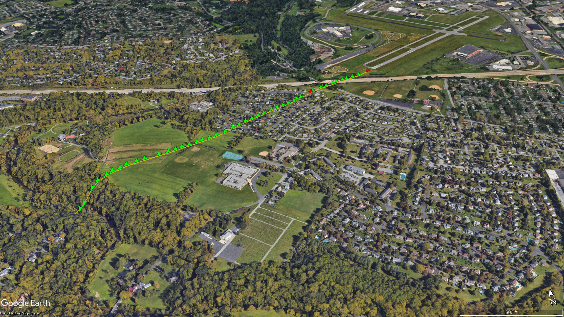 ADS-B data provided by the NTSB is overlaid on this Google Earth view of the September 28, 2022, accident flight's trajectory. Google Earth image.