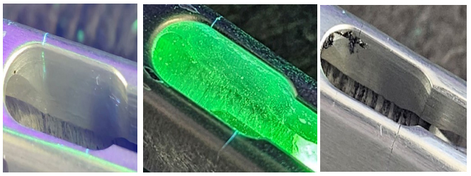 Cracks, both visible and revealed with penetrating dye, were found in 24 other aircraft following the power lever fracture. FAA images.