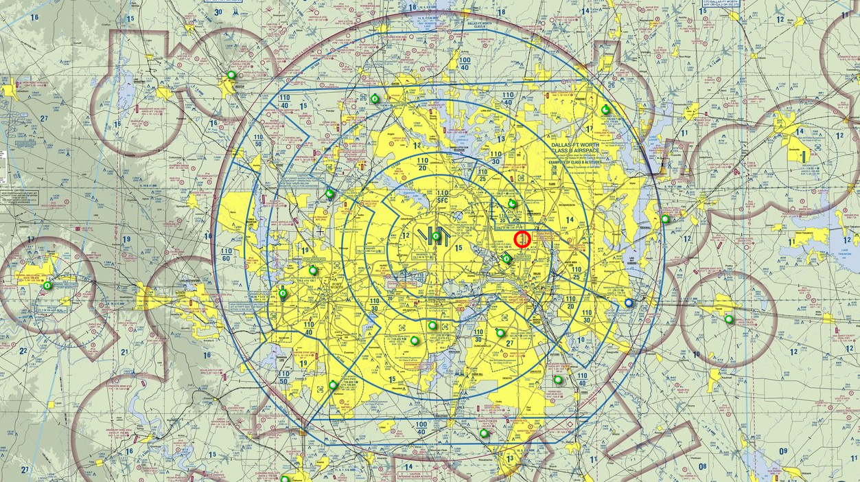 Residents of the cities within the Mode C veil around Dallas will soon see delivery drones in numbers. A combination of airspace restrictions and ADS-B surveillance will allow remote operators to maintain awareness of other aircraft in the vicinity of the drone. Image courtesy of SkyVector.