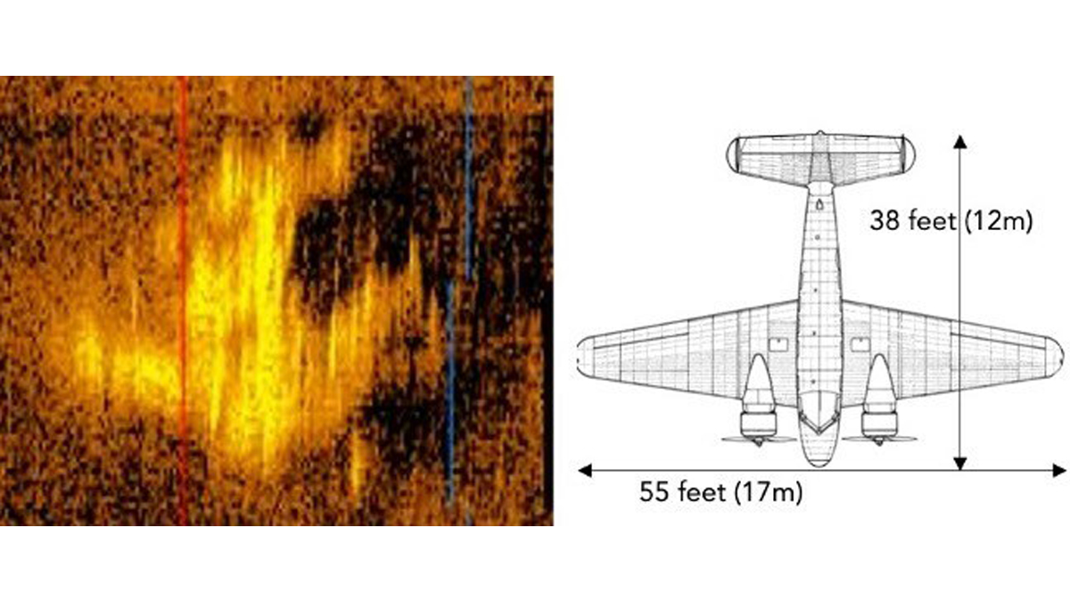 Sonar image side by side with Earhart’s Electra at scale. Image courtesy of PRNewsfoto/Deep Sea Vision.