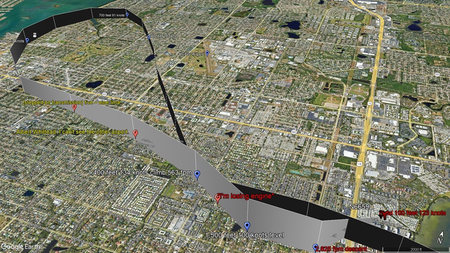 A Google Earth image overlaid with FlightAware ADS-B data shows the flight path of N6659L on February 1. Radio transmissions are indicated with approximate geolocation. Google Earth image/FlightAware and LiveATC.net data used for markings.