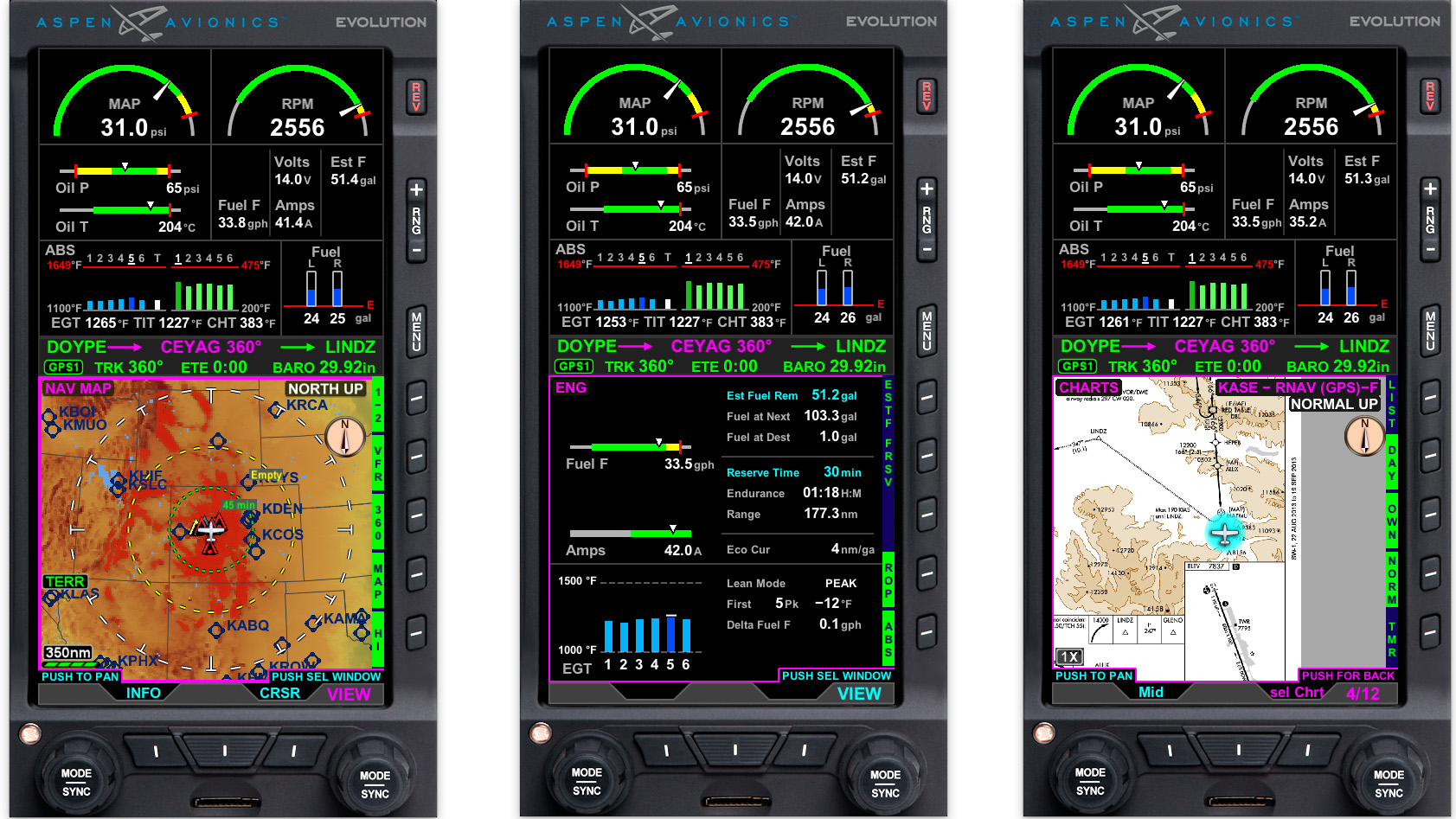 Aspen's Evolution multifunction displays (MFD500 MAX and MFD1000MAX) will soon be able to display engine instrumentation (center view) as a user-selectable frame that can also display the moving map (left) and aeronautical chart (right) in the same area. Images courtesy of Aspen Avionics. 