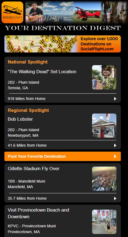 SocialFlight's 'Destination Digest' biweekly email includes a personalized mix of events, attractions, and recommendations from SocialFlight members. Image courtesy of SocialFlight.