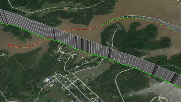 This visualization of ADS-B data created by NTSB investigators shows the flight path of the Boeing Stearman PT-17 before and after it struck power lines and crashed into water near Prue, Oklahoma. NTSB image.