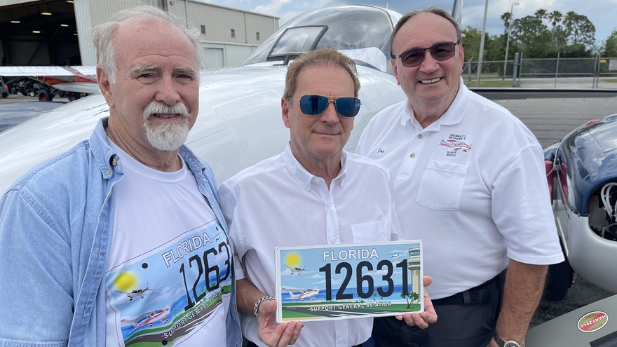 A general aviation license plate will soon be available for purchase in Florida thanks to the dedication of three local aviators. From left, Richard Golightly, Dr. Ian Goldbaum, and  Joseph Hurtuk. Photo by Eric Flaig.