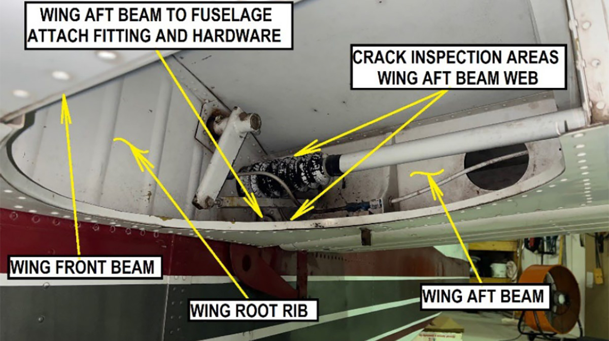 This image included in Special Airworthiness Information Bulletin 2024-02 shows the left main landing gear well of a Lake LA-4-200 Buccaneer. FAA image.