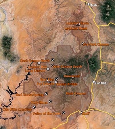 The UBCP Board has identified the following airstrips that are located within the proposed Bears Ears National Monument: Brown’s Rim, Clay Hills Crossing,  Dark Canyon North, Dark Canyon South, Deer Flat, Dry Fork Canyon, Fry Canyon, Fry Canyon South, Hammond/Kigalia Point, Lockhart Basin, Lockhart Road, Long Canyon, Mule Canyon, Polly Mesa, Red House Spring, Sipapu Bridge, Valley of the Gods. Image courtesy of Roy Evans.