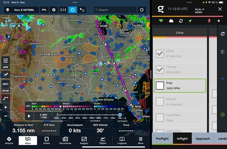 The Goose app can assist with a range of ForeFlight tasks, running as an overlay or alongside, as seen here, advancing a checklist as each item is verbally confirmed by the pilot. Image courtesy of Mirko Hahn.