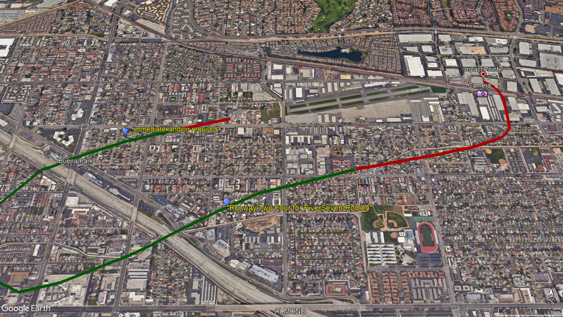 GPS position data from FlightAware and Flightradar24 indicate the course of a Van's RV-10 that crashed January 2 while attempting to return to Fullerton Municipal Airport in California. The green line spans positions with a recorded altitude above 400 feet, and the red line indicates the recorded altitude was below 400 feet. Google Earth image.