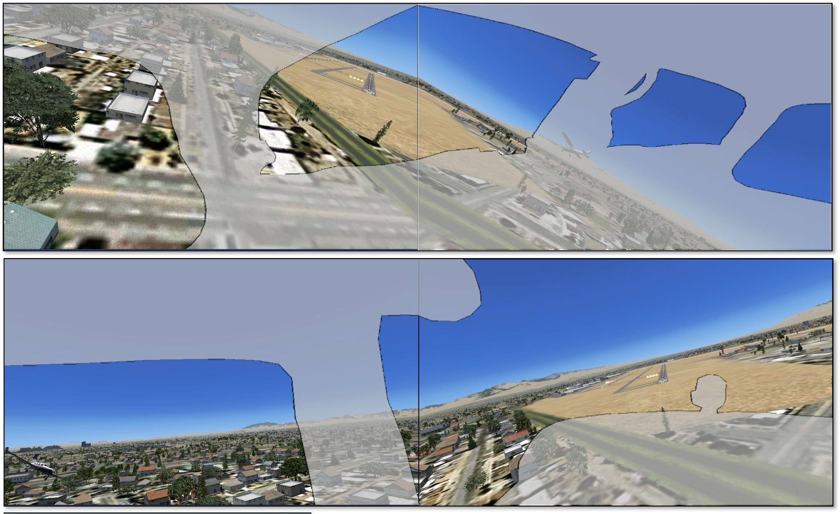 NTSB investigators used ADS-B data and laser scans to simulate how each aircraft involved in the July 17, 2022, midair collision approaching North Las Vegas Airport would have appeared to each pilot. These images show the Piper Malibu Mirage pilot's perspective on top  and the Cessna 172 pilot's view below, as they likely would have appeared two seconds prior to impact. NTSB images. 