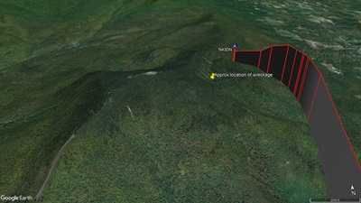The final ADS-B returns show the aircraft approaching terrain near the 3,840-foot summit of Mount Equinox. Volunteers had to traverse deep snow to reach the accident site, and the top of the mountain was obscured in clouds as the New York State Police helicopter lifted the pilot and passengers to safety. Google Earth image.