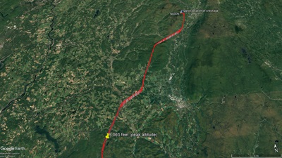 Visualized ADS-B Exchange data shows the Piper reached a peak altitude of just over 5,000 feet (roughly 3,700 feet agl) at that location before descending steadily during the final minutes of the flight. Google Earth image.