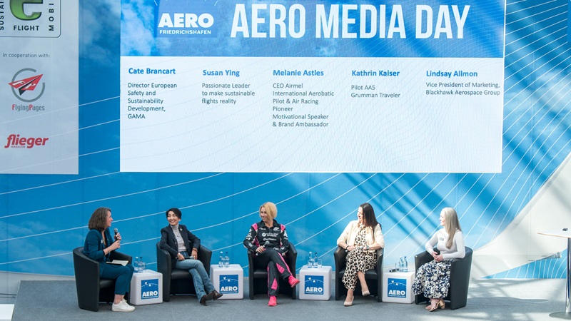 The General Aviation Manufacturers Association’s Cate Brancart (left) moderates a panel discussion with aerospace industry executive Susan Ying, aerobatic pilot Mélanie Astles, author Kathrin Kaiser, and Blackhawk Aerospace Group’s Lindsay Allmon. Photo courtesy of Aero Friedrichshafen.