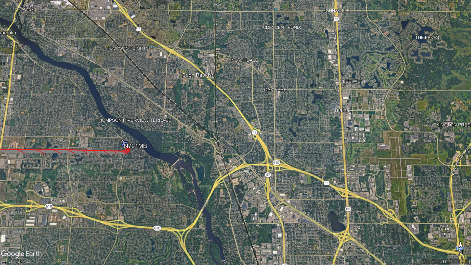The flight path of the TBM 700 that crashed March 29 approaching a landing in Minneapolis hooked sharply left about 5 nautical miles from touchdown. Google Earth image.  The flight path of the TBM 700 that crashed March 29 approaching a landing in Minneapolis hooked sharply left about 5 nautical miles from touchdown. Google Earth image.