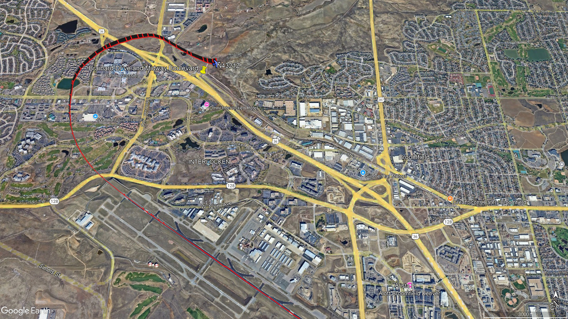 A Beechcraft Travel Air that departed Rocky Mountain Metropolitan Airport in Colorado on May 17 crashed less than two minutes after the pilot reported an open door. ADS-B data show the aircraft never climbed beyond 300 feet above ground level. Google Earth image.