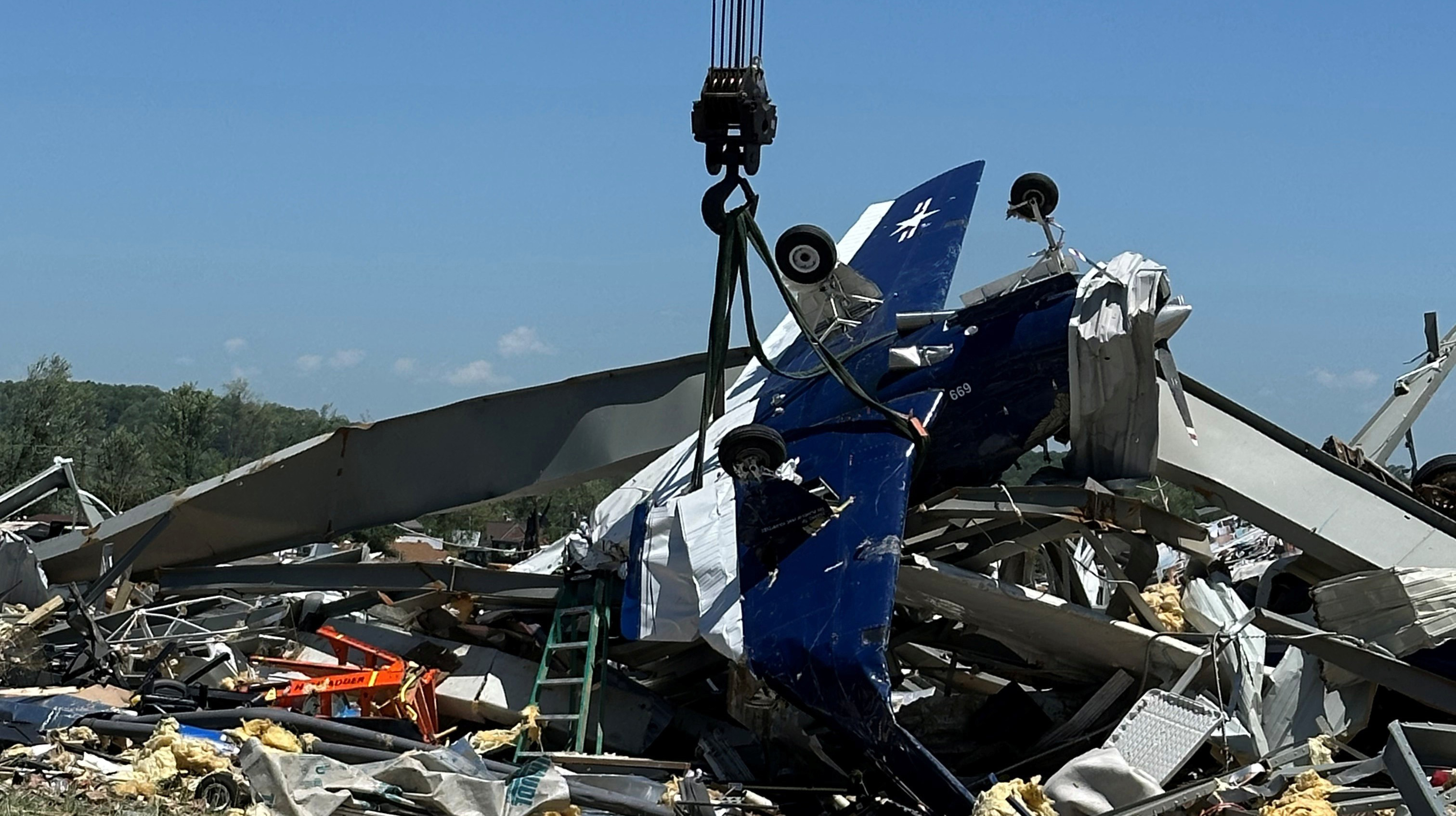 The tornado that ravaged London/Corbin/Magee Airport in London, Kentucky, destroyed six Beechcraft T-34 Mentor aircraft. Photo courtesy of Jim Clark, T-34 Association.
