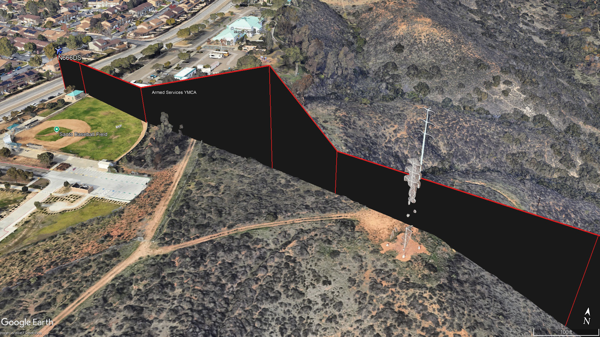 ADS-B data of the accident flight of N666DS on May 22 visualized in Google Earth show the aircraft's previously stable flight path deviated just after passing high-voltage power lines and towers that are based on a hill at just over 400 feet elevation. Google Earth image.