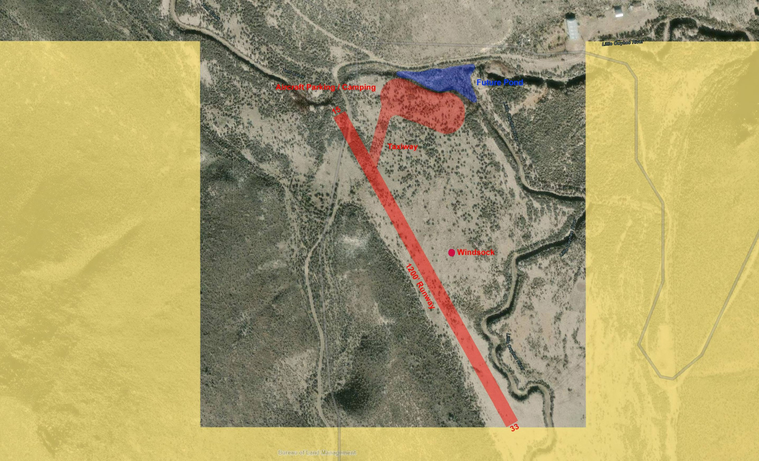 The new runway is located west of the ranch structures and south of Tent Creek. Image courtesy of JRBAF.