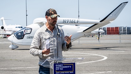 Beta Technologies CEO Kyle Clark speaks following the passenger flight to New York. Photo courtesy of Beta Technologies.