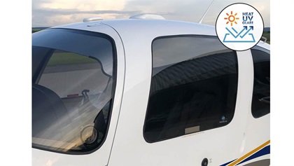  Jet Shades offer a custom fit, reducing light and heat in the cabin without risking damage to aircraft windows. Image courtesy of Jet Shades. 