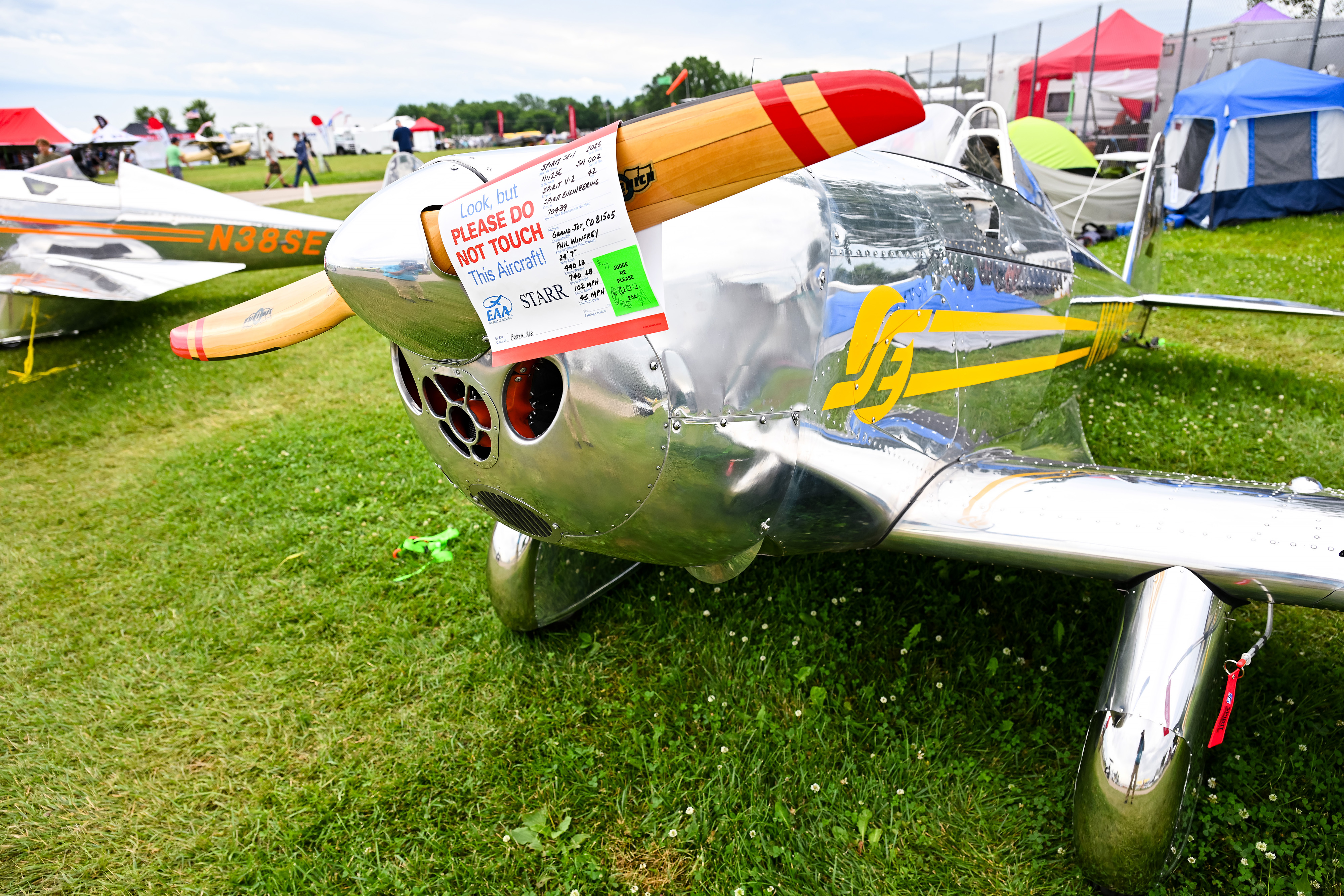 One of four Spirit SE-1 aircraft flown to Oshkosh by Spirit Engineering is on display at AirVenture. Photo by David Tulis.
