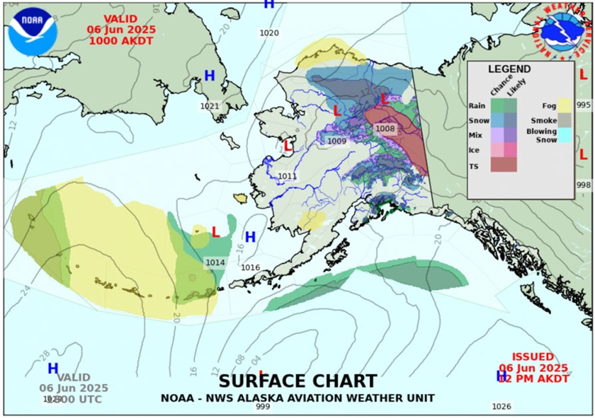 A sample of the new Surface Chart proposed for the Alaska Aviation Weather Unit. Note the increased detail in forecast conditions. Image courtesy of NWS Alaska Aviation Weather Unit.