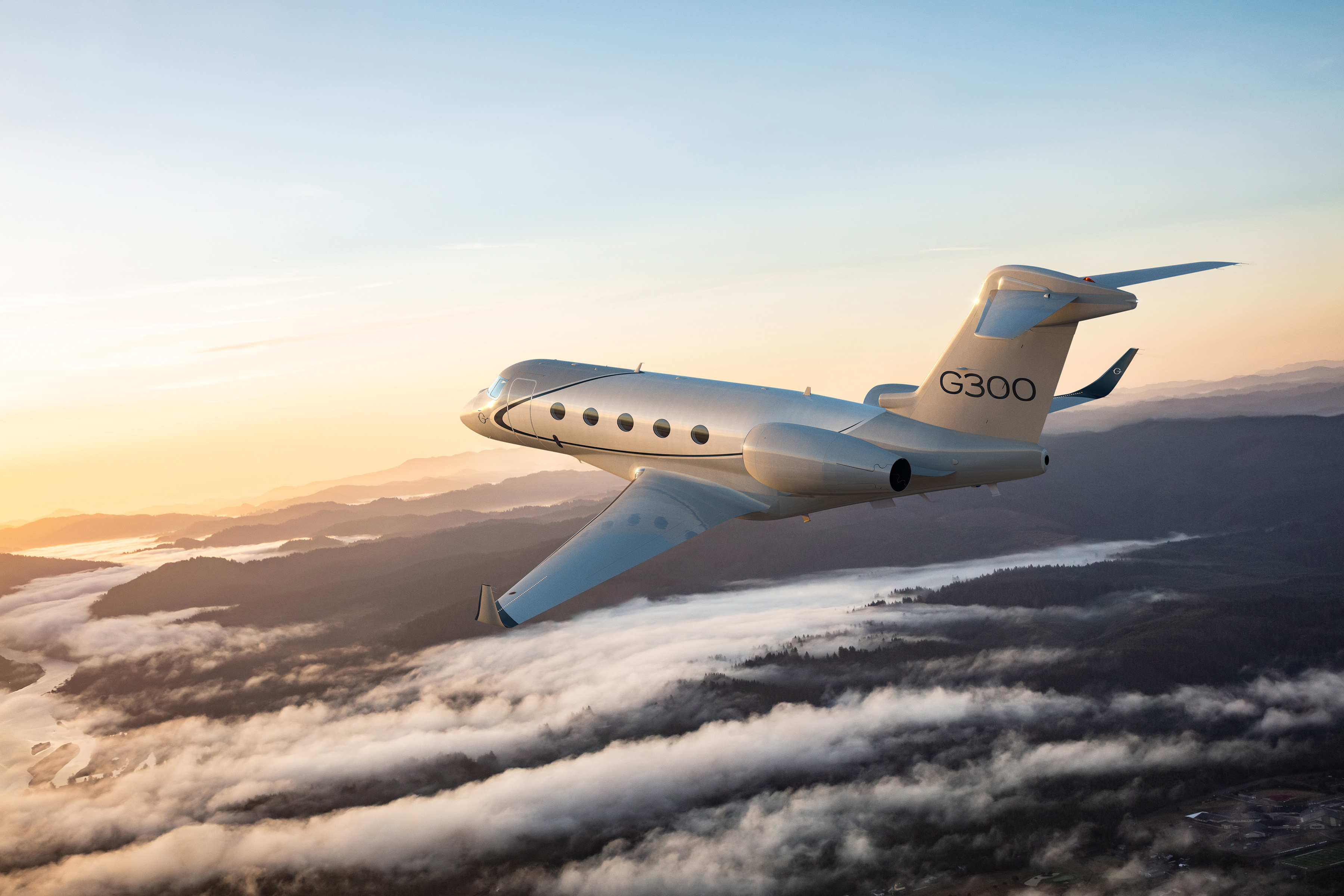 While Gulfstream declined to announce a target date for the first flight of the G300, the company provided a rendering of what the new aircraft will look like in flight. Image courtesy of Gulfstream Aerospace Corp.